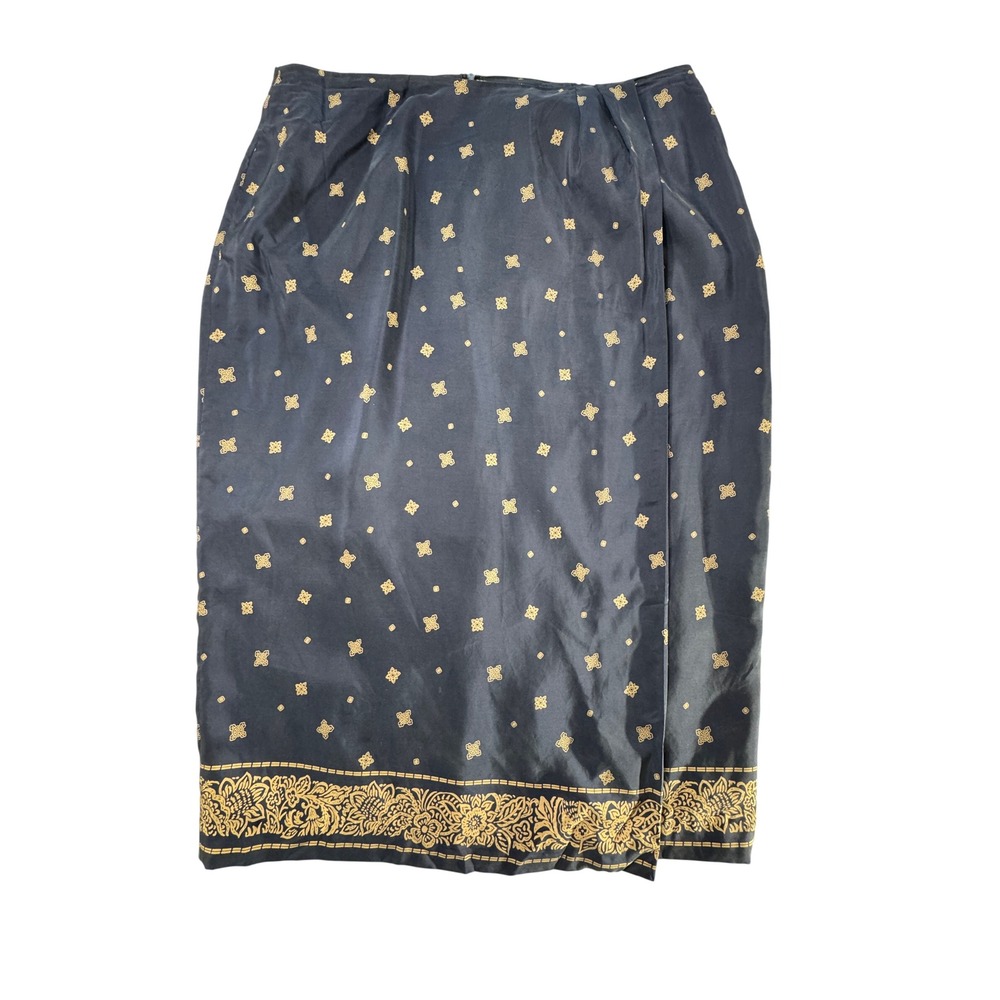 Chaus Silk Midi Skirt Women 18 Navy Blue Medallion Print Lined 90s *FLAW